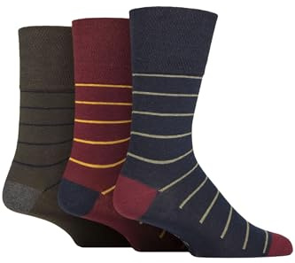 SockShop Gentle Grip Mens Striped Socks Patterned Stripey, Soft Honeycomb Top Comfort Cuff, 6-11 Pack of 3