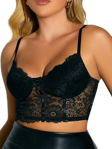 GORGLITTER Women's Floral Lace Bustier Cami Tops Deep V Neck Sleeveless Corset Sexy Crop Top Black Medium