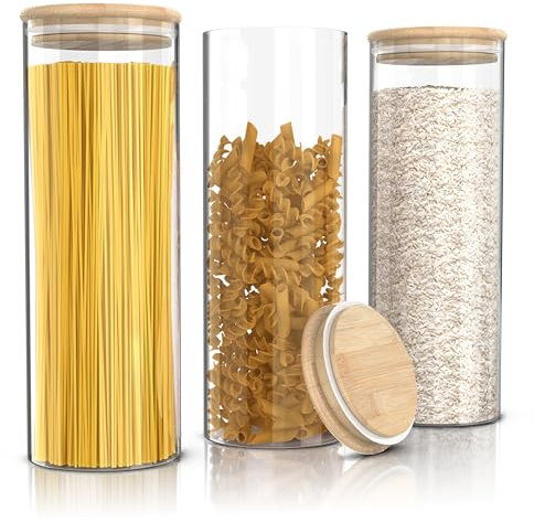 arendo - Glass Food Storage Containers with Lids, Glass Jars with Bamboo Lids, Clear Food Storage Jar Round Glass Canister Set of 3, Pantry Organizers and Storage for Pasta Flour Rice Tea Coffee Bean
