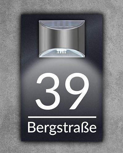 Premium Hausnummer beleuchtet mit LED Solar | individuell anpassbar | Acrylglas Anthrazit Matt | 3D Effekt | Wetterfest H1023 Anthrazit