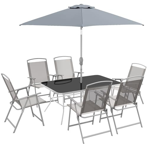 Outsunny 8 Pieces Metal Garden Furniture Set with Parasol and Folding Chairs, Garden Dining Set, 6 Seater Outdoor Table and Chairs with Tempered Glass Top, Grey