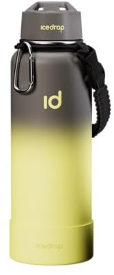 IceDrop® XXL Thermo Trinkflasche Edelstahl [1L] für eiskalte & heiße Getränke I 100% auslaufsicher & Kohlensäure geeignet I Isolierflasche mit 2 Deckeln I Edelstahl Trinkflasche - Grau Neon