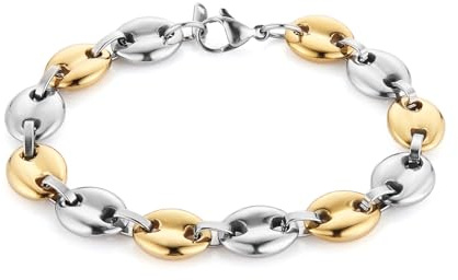 HZMAN 12MM Coffee Bean Chain Bracelet for Men Hip Hop Polished Silver Gold Chain 8.5 Inch Men's Link Bracelet Jewelry Gift