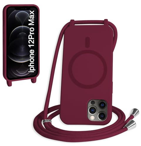 FMPCUON Magnética Funda con Cuerda para iPhone 12 Pro MAX Compatible con Magsafe,TPU Antigolpes Protectora Silicona Case Carcasa con Ajustable Cordon Colgante Cadena,Rojo