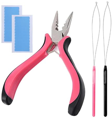 5Pcs Hair Extension Pliers Kit, Professional Hair Extension Tools, Includes 1 Plier, 2 Loop threaders&2 Double-Sided Adhesive, Mini Ha-ir Exten-sion Tool for Easy H-air Ex-Tension and Removal Tool