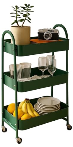 Novostyl 3 Tier Metal Multipurpose Kitchen Bathroom Bedroom Vegetables Food Wheeled Storage Tray Cart - DARK GREEN 78.5cm (H) x 46cm (W) x 30.5cm (D) (Dark Green)