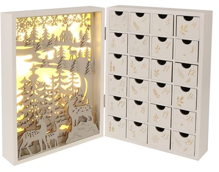 BLACICO Wooden Advent Calendar with Drawers, 24 Wood Drawers, Empty Boxes to Fill, Countdown to Christmas Wooden LED Lighted, Decorative Fold Out Wood Advent Calendar for Kids