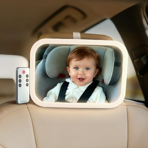 Baby Car Mirror, Wide View, Remote Control Light, Easy Install, White