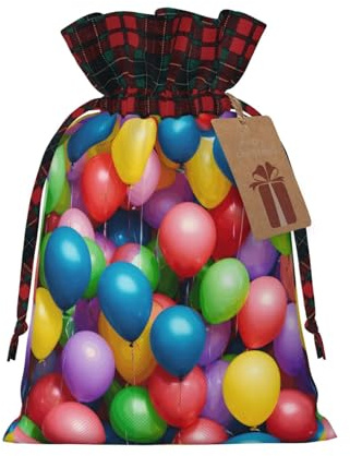 Bunte Luftballons, blauer Himmel, Weihnachts-Kordelzug, Geschenktüte, Verpackung für Weihnachtstüten, Feiertage, Partygeschenke