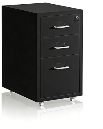 Relaxdays Rollcontainer, 3 Schubladen, HxBxT: 45,5 x 28 x 41 cm, abschließbar, Aktenschrank auf Rollen, Metall, schwarz