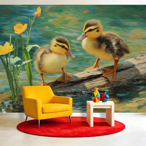 Vlies Fototapete Blumen Teich Enten 350 x 256 cm - Natur Landschaft Foto Tapete für Schlafzimmer Wohnzimmer Küche Vliestapete, XXL Wandtapete Motivtapeten Bildtapete 3d Effekt Wand Dekoration