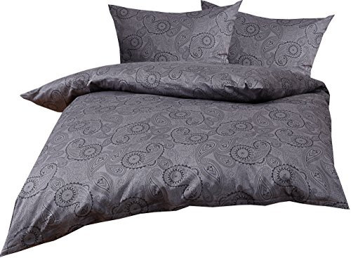 Bettwaesche-mit-Stil Mako Satin Damast Paisley Bettwäsche Garnitur Davos 200x200 + 2X 80x80 schwarz - grau