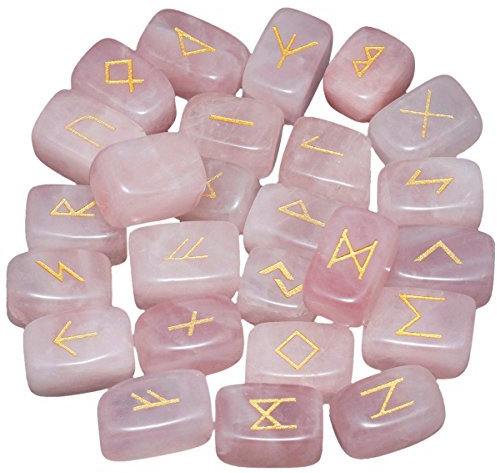 mookaitedecor 25 Pièces Quartz Rose Runes Divinatoires Pierres Poli Roulée Gravée Cristal pour Reiki Guérison Décoration