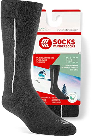Wundersocks Skisocken & Skitouren für Herren und Damen [Made in Italy] 78% Merino Wolle, mulesingfrei, warme Funktionssocken, leicht gepolsterte Kniestrümpfe RACE (41/43, Schwarz)