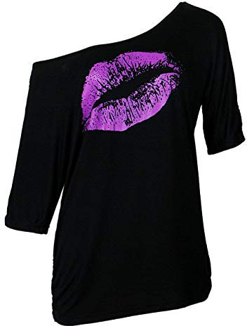 Smile Fish Women Casual Oversized Sexy Lips Print Off Shoulder T-Shirt Long Sleeve Pullover, Black-purple, XL