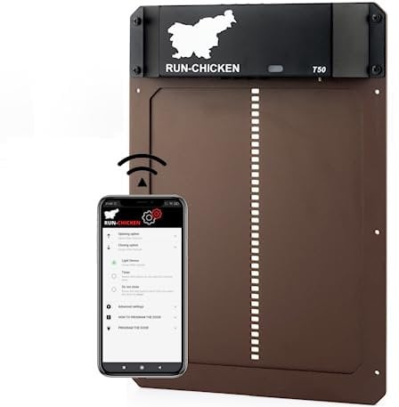 RUN-CHICKEN Porte Automatique poulailler (Brun) avec Batterie, Détection de la lumière, Programmable avec minuterie, Aluminium Porte poulailler Automatique, Trappe poulailler, Modèle T50