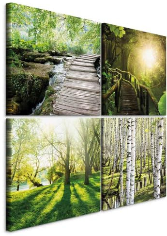 murando - Wandbilder Wald 80x80 cm Vlies Leinwandbild 4 Teilig Kunstdruck modern Wandbilder XXL Wanddekoration Design Wand Bild - Natur grün Baum c-B-0523-b-i