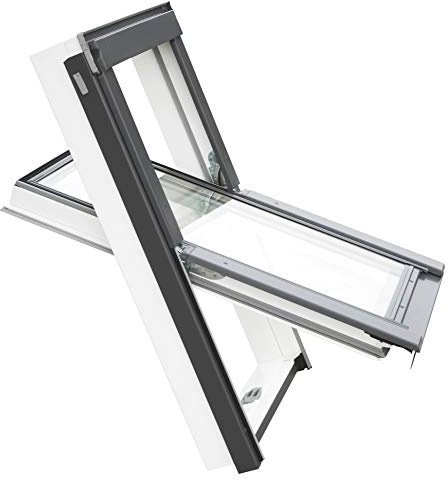 YARDLITE APX White PVC Roof Window, Centre-Pivot, Double Glazed Loft Attic Skylight. Easy to Install, Bundle with Plain, Slate, Tile or Universal Flashing - C4A (55 x 98cm) + Plain Tile Flashing