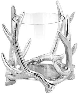 Glas Windlicht Ø 15 cm Aluminium poliert in Hirsch Geweih Form - Kerzenhalter mit offenem Glaszylinder - Kerzenständer für Stumpenkerzen/Teelichter - Windglas für innen & außen