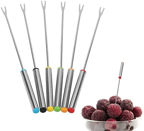Cikonielf 6pcs/Set Fruit Forks Stainless Steel Chocolate Cheese Dessert Fondue Pot Forks Kitchen Tool Tableware Silver 9.45in
