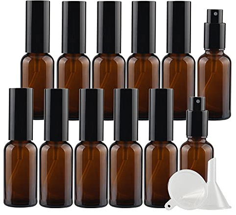ZEOABSY 12 Piezas 30ml Frasco de Vidrio Marrón con Pulverizador Negro Botella de Cristal con Bomba en Spray Vacía Reutilizable Ideal para Perfume o Composición con Aceites Esenciales Embudo