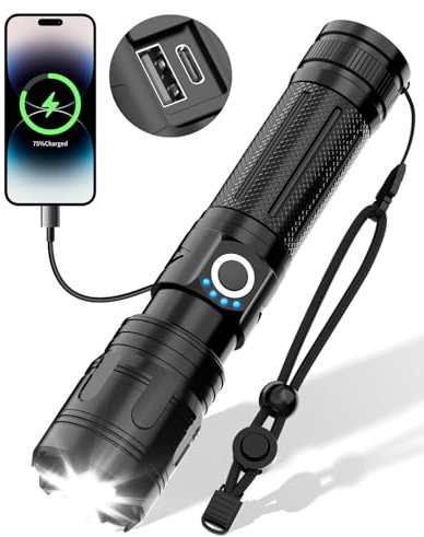 Maxesla 10000LM Linterna LED Recargable, 3000mAh Linterna LED Super Brillante, 5 Modos IPX5 Impermeable Linterna Tactica Enfoque Ajustable, Para el Actividades al Aire Libre, Mejor Regalo para Padre