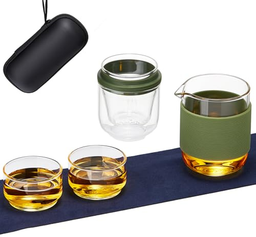 DOPUDO Sparrow Glas-Teekanne für ein Set, tragbare kleine Kung-Fu-Teekanne mit 1 Teesieb, 2 Tassen und 1 Meisterbecher, alles in einem wasserabweisenden Etui