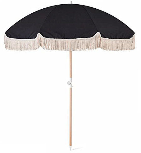 JJ Home 200cm Strandschirm mit Fransen, Terrassenschirm, Outdoor-Gartenschirm, Wind- und UV-Schutz, 400 g/㎡ Polyestergewebe, 8 Starke Rippen (Schwarz)