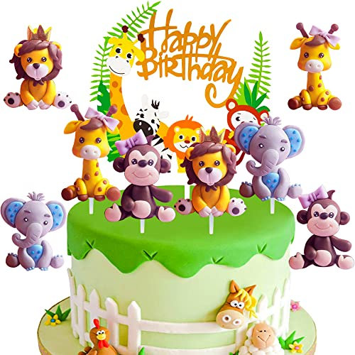 HGSHUO Waldtiere Tortendeko Geburtstag Kuchen Deko Tiere Cake Topper Happy Birthday Cupcake Topper Kindergeburtstag Torte Deko Dschungel Party Kuchendeko Geburtstagsdeko Elefant 5 Stück