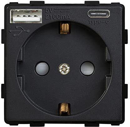 BSEED Wandsteckdose EU Steckdose 16Amp Steckdose Einsatz mit USB Steckdose Anschluss (Max. 2.1A) und Typ C Port Steckdose Ersatz Schwarz 86mm
