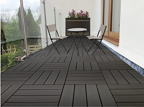 AQS INTERNATIONAL Set of 11 (1m²) Decking Floor Tile - Interlocking Plastic WPC Garden Patio Terrace Balcony Tiles - Flooring Wood Plastic Composite With Click System 30cm x 30cm (Black)
