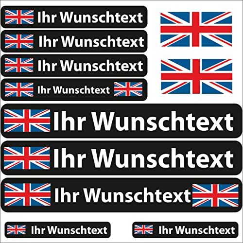 INDIGOS UG® Lot de 13 Autocollants pour nom - Drapeau Lisse - Grande Bretagne - 13 Autocollants pour Drapeau - avec nom & Texte souhaité - Vélo, Voiture, Moto, personnalisé