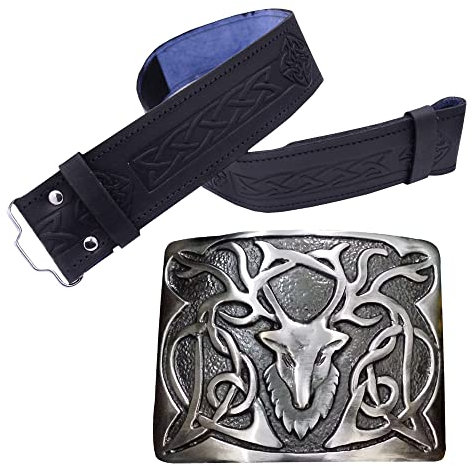 Herren schottischer Kilt-Gürtel mit Schnalle Hirschkopf Antike Schnallen Hochland Keltische Gürtelschnallen aus Zinn / keltischer Knoten Silber Antik Matilice, Silber Antik, L