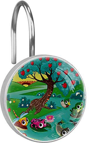 Set of 12 Shower Curtain Hooks Rust Proof Shower Hooks for Bathroom Home Decor, Cute Frog Dragonfly Duck Fish Apples Tree River