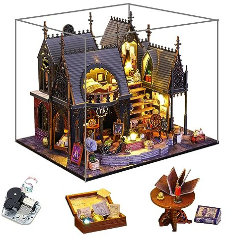 Magic Castle DIY Miniaturhaus-Set, handgefertigtes Puppenhaus-Möbel-Puzzle-Modell, Maßstab 1:24, kreatives Raumgeschenk für Kinder, Teenager, Geburtstagsgeschenk (plus Staubschutz und Spieluhr)