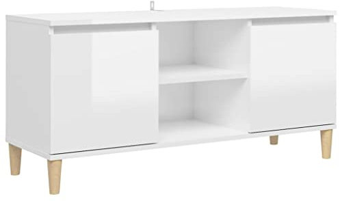 vidaXL TV Schrank mit Massivholz-Beinen Lowboard Sideboard Fernsehschrank Fernsehtisch TV Möbel Tisch Board HiFi-Schrank Hochglanz-Weiß 103,5x35x50cm