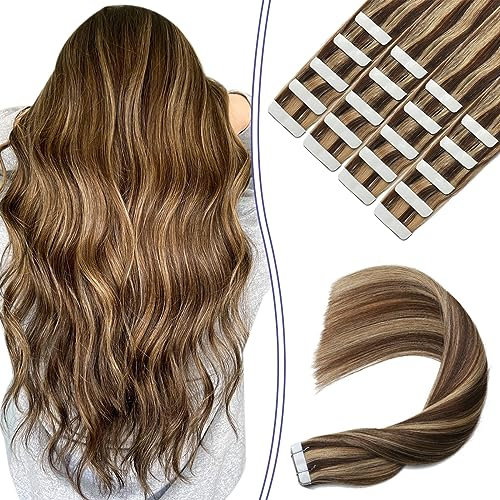 Sindra Tape in Extensions Echthaar Schokoladenbraun bis Karamellblond 20pcs 50g 50cm Remy Echthaar Extensions Tape Extensions Echthaar Seidig Gerade #4P27 20 Zoll