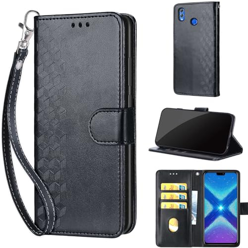 Handyhülle für Huawei Honor 8X Hülle, Würfel Schwarz | Stoßfeste Flip Schutzhülle, Kartenfächer, Standfunktion,Magnetisch, Kunstleder, Klappbar Brieftasche