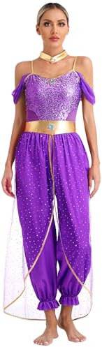 CHICTRY Costume da Principessa Araba Donna Paillettes Vestito con Girocollo Costume da Araberina Tuta per Danza del Ventre Cosplay di Halloween Viola S