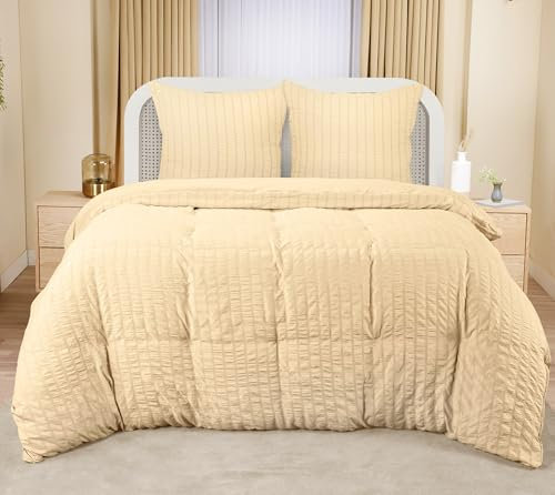 Utopia Bedding Seersucker Bettwäsche 240x260 Set - Mikrofaser Polyester Bettbezug 240x260 cm + 2 Kissenbezüge 65x65 cm - Beige