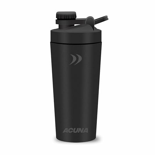 ACUNA Protein Shaker Bottle - 600 ml | Stainless Steel Bottle, Double Wall Protein Shaker with Secure Leak-proof Lid, Lightweight Metal Bottle (Metallic Black)