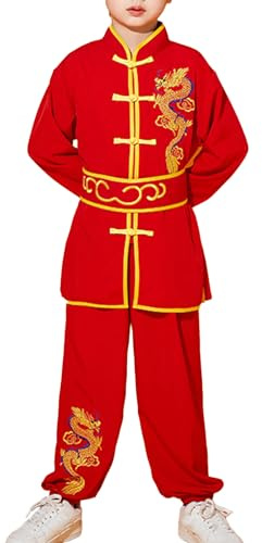 iiniim Kinder Kung Fu Uniform Jungen Mädchen Tai Chi Anzug Drache Stickerei Langarm Tops mit Hose Traditionelle Chinesische Kampfkunst Anzug Rot 134-140