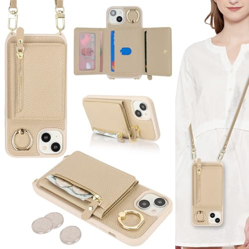 ELTEKER Handyhülle für iPhone 15 Hülle mit Band Kartenfach Ringhalterung Geldbörse,Leder Klapphülle Umhängetasche Handytasche für iPhone 15 - beige