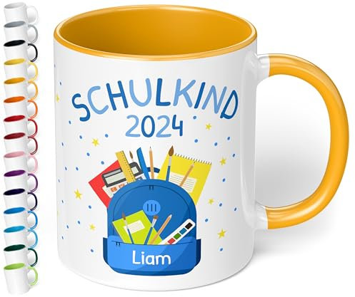Geschenk zur Einschulung Tasse „Schulkind 2025“ für Jungen - personalisiert mit Namen Erstklässler Schüler 1. Klasse - Rucksack Blau - Keramiktasse, 330ml, Goldgelb