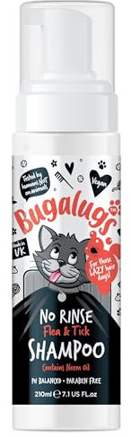 Flea and Tick Cat Shampoo by Bugalugs Deep Cleansing for Cats for Fleas, Ticks & Mites contains Neem Oil, PH Balanced Vegan (210ml No Rinse Flea Shampoo)