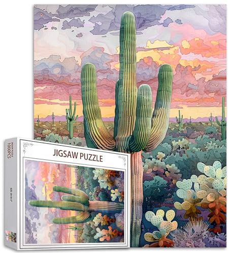 Tucocoo Casse-tête de 1000 pièces pour adultes - Grand puzzle de peinture de cactus Saguaro - Puzzle de peinture de cactus de Sonora, coucher de soleil du désert - Art de 1000 pièces pour jeu