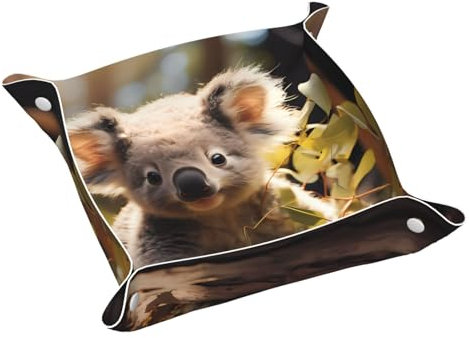 Poezjzw Niedliches Koala-Pflanzen-Ledertablett, Schmucktablett, für Nachttisch, Schreibtisch, kleine Auffangschale für Schlüssel, Geldbörse, Uhr, Münze, mittelgroß