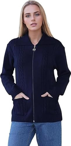 L S U Women's Cable Knit Zipper Cardigan – Stylish Long Sleeve Jumper with Pockets, Available in Plus Sizes (Navy M-L)