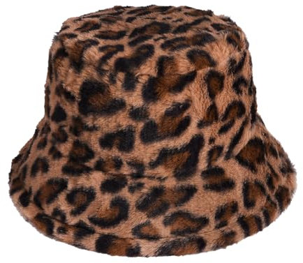 MILAKOO Leopardenmuster Fischerhut Kappe Vintage Warmer Hut Winter Fuzzy Bucket Hat Plüsch Wintermützen Eimer Hut für Frauen