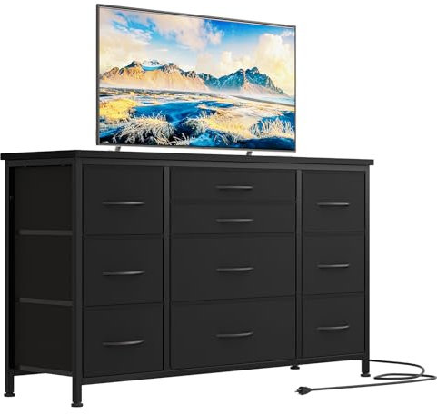 Commode de Chambre, Commode à 10 Tiroir en Tissu, Meuble TV avec Station de Charge, Meuble de Rangement pour Salon, Chambre à Coucher, Couloir, 121x39x70 cm, Noir